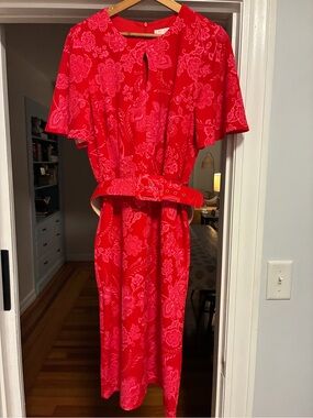 London Fog Red Floral Midi Dress with Belt